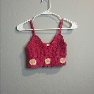 Pink Crochet Crop Top with Floral Accents